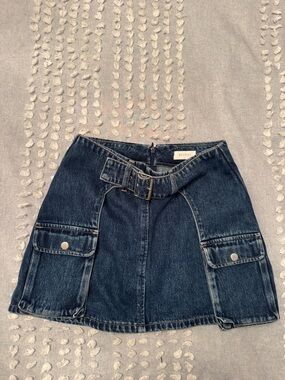 Meshki Dark Blue Denim Cargo Mini Skirt with Belt